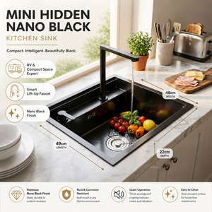 PVD Nano Black Handmade <b>Mini</b> Hidden Drop-In Kitchen Sink Lift-Up Faucet SUS304 Stainless Steel Single Bowl 5 Year Warranty Easy - Product Image 1