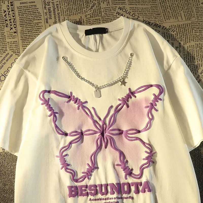 Summer Black White Fashion Vintage Butterfly Necklace Street Wear 100% Cotton Custom Puff Print T Shirt