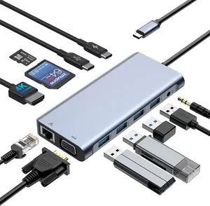 מפעל 12 יציאות כפולה וידאו צג 12 ב 1 usb c רכזת סוג-C כדי Ethernet RJ45 USB-C נתונים 3.0 TF SD HDTV VGA תחנת עגינה