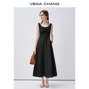 <span class=keywords><strong>เด</strong></span><span class=keywords><strong>รส</strong></span>ยาวสีดำแบบไม่มีแขนสำหรับผู้หญิง ยี่ห้อ VEGA CHANG คอเหลี่ยม ช่วงอกจับจีบ เอวสูง ทรงเอไลน์ ชุดลำลองสำหรับฤดูร้อน - Product Image 3