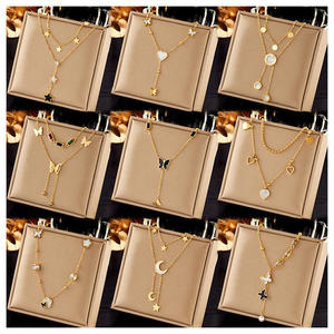 Bijoux fantaisie pendentif chaîne ras du cou coeur lune papillon Double couche irrégulière collier en acier inoxydable pour les femmes - Product Image 1
