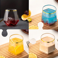 Verre à vin en plastique avec bord doré et logo personnalisé, sans MOQ, 12 oz, coupe à cocktail transparente sans pied effet diamant pour mariage, bar, restauration