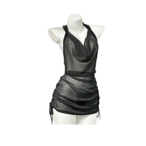 Robe moulante à licol en mousseline transparente froncée, décolleté plongeant, pour soirée et banquet, noir, gaze argentée 034 - Product Image 1