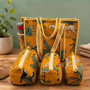 Ensemble de sacs de rangement matelassés en coton et paille, trousses de toilette zippées, organisateur de voyage à poignée souple, motif floral, style bohème - Product Image 2