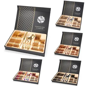 Couteau Cuillère Fourchette Ensemble <span class=keywords><strong>Couverts</strong></span> <span class=keywords><strong>Noirs</strong></span> 24pcs Ensembles de <span class=keywords><strong>Couverts</strong></span> en Acier Inoxydable Ensemble de <span class=keywords><strong>Couverts</strong></span> en Or - Product Image 1