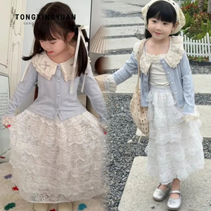 Tongxingyuan Girls Lace Cardigan Cake Skirt Set Spring Autumn Princess Outfit Cotton Children's Clothing - Product Image 1