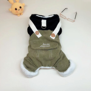 Pet Fleece-Lined <b>Overalls</b> Black And Green Patchwork <b>Winter</b> Four-Legged Clothing For Small Medium Dogs - Product Image 1