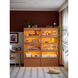 Nordic <b>Solid</b> <b>Wood</b> <b>Bookcase</b> Japanese Cherry <b>Wood</b> Floor Standing Storage Display Cabinet Full Wall Combination With Glass Doors - Product Image 1