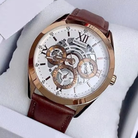Montre à quartz pour homme, cadran squelette, chiffres romains, boîtier en or rose, bracelet en cuir marron, montre de soirée formelle