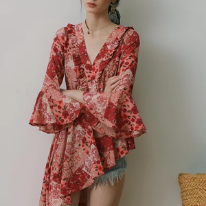 Женское асимметричное платье с рюшами и длинным рукавом - Product Image 4