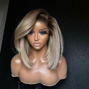 Perruques Lace Front <span class=keywords><strong>Blond</strong></span> <span class=keywords><strong>Cendré</strong></span> 1B pour Femmes, Perruque Courte Bob en Cheveux Humains avec Racines Brunes, Perruques Frontales en Dentelle HD Transparente 2x6 Pré-épilées - Product Image 1