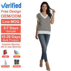 Fabricant de pulls sans manches en maille jacquard à rayures bretonnes, col en V, en mélange de lin et de lyocell, pour femmes, sur mesure OEM/ODM - Product Image 1