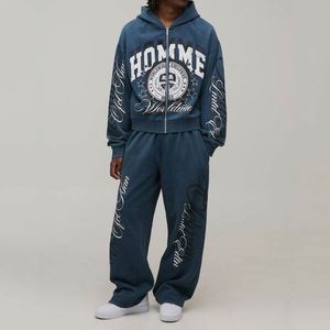 Deep Teal <b>Vintage</b> Print Full Zip Hoodie Multi Letter Graphic Wide Sweatpants Retro Custom Men Two Piece <b>Tracksuit</b> - Product Image 1