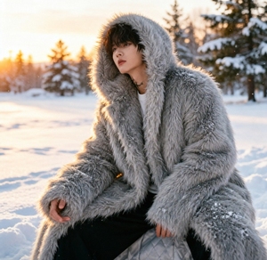 Abrigo de Lujo con Capucha de Piel Sintética para Hombre, Chaqueta Larga de Felpa Oversize, Estilo Urbano, Cálida y Gruesa para Invierno, Prenda Exterior de Moda de Alta Gama - Product Image 4