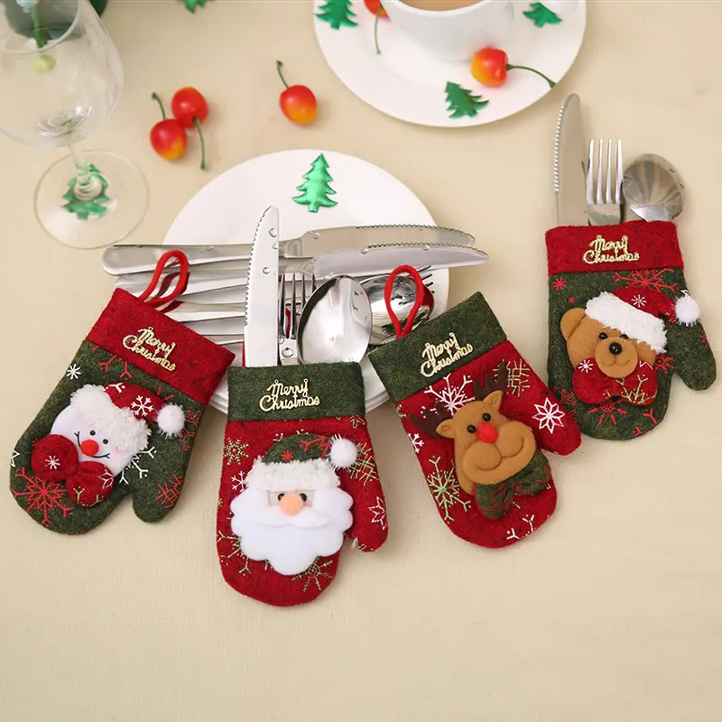 חמוד אדום ירוק קישוט הבית כפפות חג המולד עיצוב בד שקיות סכו""ם מחזיק כלי שולחן תיק אחסון