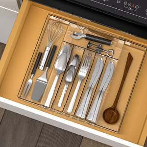 Bandeja divisora de cajones acrílicos, organizador de utensilios de cocina plateados para cubiertos, cajones de almacenamiento de plástico empaquetados - Product Image 2