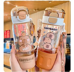 Gelas Plastik PC Capibala Double Drink Baru dengan Tutup Elastis, Sedotan & Tali, Desain Kartun Kreatif, Untuk Anak-Anak Unisex, Cocok untuk Perjalanan - Product Image 4