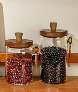 Contenitore in vetro borosilicato di alta qualità con coperchi in legno di Acacia manici incorporati cucchiai ermetici da cucina per chicchi di caffè - Product Image 3