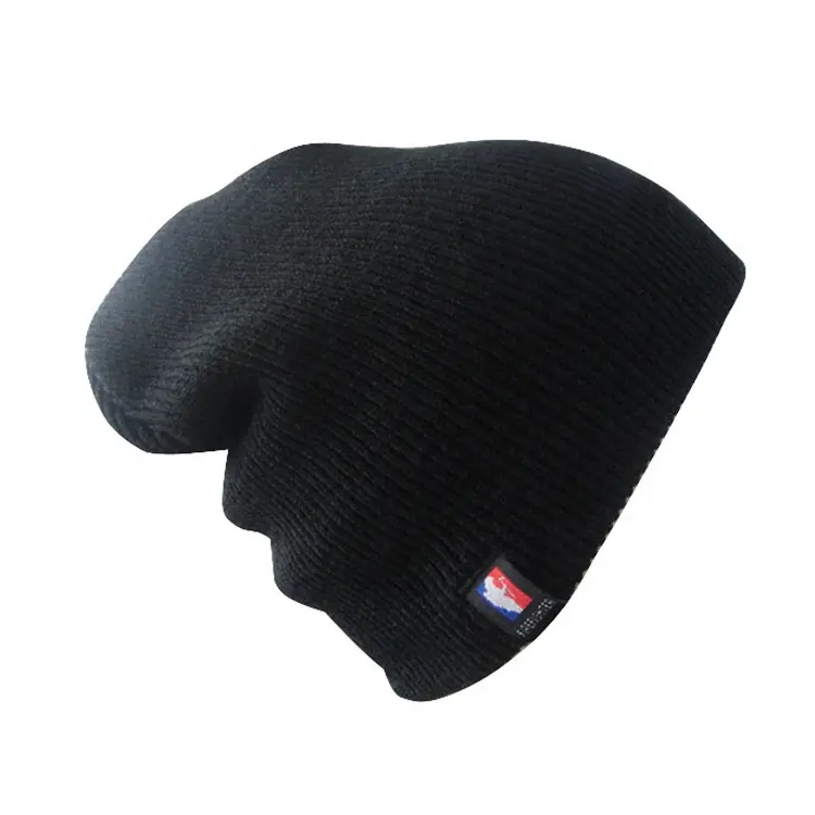 Winter Hat Custom Logo 100% Acrylic Black Woven Label Winter Knitted Beanies Slouch Beanie Winter Hat