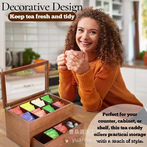 Wooden Tea <b>Storage</b> <b>Box</b> 13x7.81x7.09 Inch Double Layer With <b>Drawer</b> Compartmentalized For Tea Coffee Bags - Product Image 4