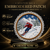 Patch brodé 3D rond en relief, motif scène de ski hivernale, avec bordure en dentelle et tissu à sequins, pour vêtements, sacs et chapeaux