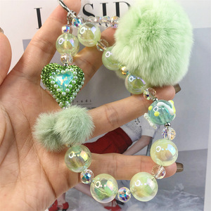 Vente chaude nouveau vert amour frais mode réseau à la main bricolage perle sac chaîne lapin fourrure boule téléphone portable chaîne - Product Image 1