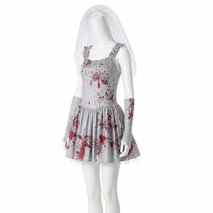 Costume da Sposa Insanguinata per Halloween, Abito Grigio <span class=keywords><strong>con</strong></span> Velo Macchiato di Sangue, Scaldabraccia e Bouquet di Rose Nere - Product Image 2