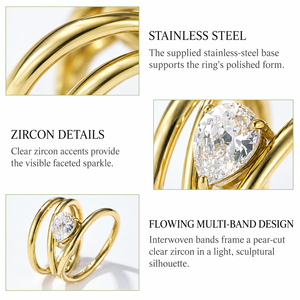 Pear Zircon Multi Band <b>Ring</b> <b>Stainless</b> <b>Steel</b> 14K Gold Vacuum Plated Flowing Gold Tone Statement <b>Ring</b> - Product Image 3