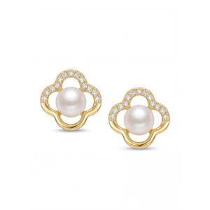 Pendientes de Perlas Blancas con Trébol de Cuatro Hojas en Oro de 18K y Circonitas Cúbicas para Mujer, Joyería Elegante con Perlas y Flores de la Suerte, Regalo Ideal - Product Image 1