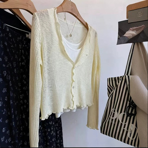 เสื้อคาร์ดิแกนถักแบบมีระบายคอวีสำหรับผู้หญิง เสื้อคลุมบางเบาใส่สบายสำหรับฤดูร้อน - Product Image 2