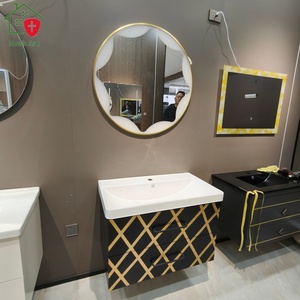 Mueble de baño con rayas negras, encimera blanca, lavabo, espejo redondo montado en la pared - Product Image 2