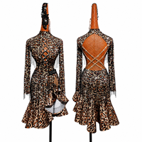Robe de danse latine pour femmes, imprimé léopard, manches longues, jupe à franges en strass, costume de performance pour compétition de danse de salon
