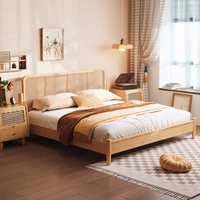 Base de Cama de Madera Maciza con Tapicería de Mimbre, Cabecera King Size, Muebles de Cama Zen al por Mayor para Dormitorio, Apartamento, Hogar