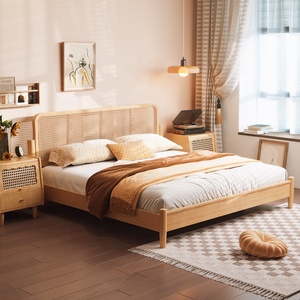 Japandi Rattan Cane Headboard Solid Wood Bed Frame King Size Wooden Beds for Scandinavian <strong>Bedroom</strong> Furniture Apartment <strong>Unit</strong> - Product Image 5