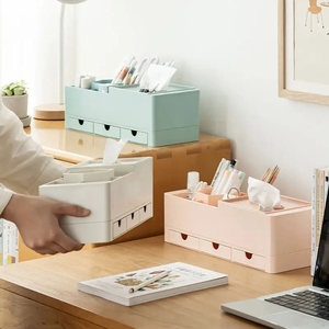 Square Desktop Plastic Pen Holder Desk Organizer Cosmetic Storage Box Multifunctional Pencil Stand with Small Drawer Container