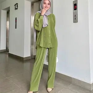 Custom Made Muslim Baju Kurung Malaysia Islamic Clothing Modest Long Sleeve Pleated Satin Blouse And Pants Two Piece Set Abaya