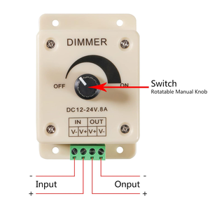 PWM LED <b>Dimmer</b> Switch Controller DC 12-24V 8A, 0-100% Brightness Adjustment for LED Strip Lights, Ribbon Lights, Tape Lights - Product Image 3