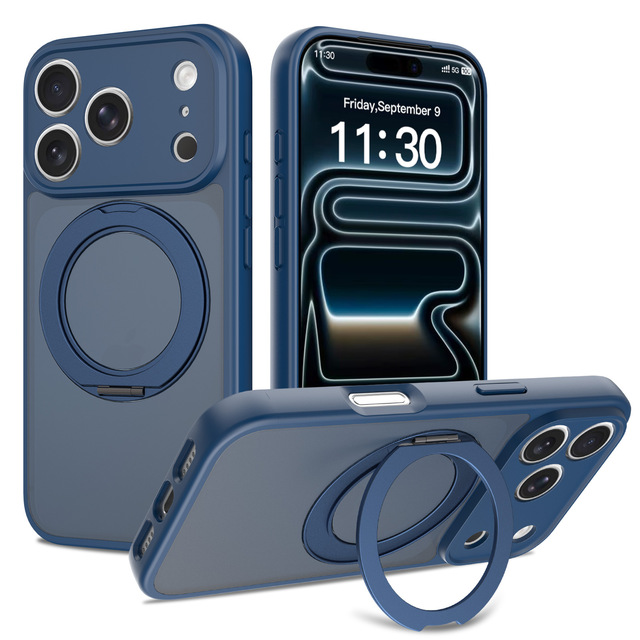 Lens Protect Magnetic Phone Case for iPhone 15 16 17 Pro Max Frosted Translucent Cover with 360° Rotatable Ring Kickstand