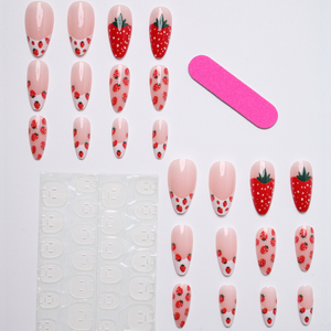 Faux ongles à presser motif fraise rouge mignons - Base nude, forme amande avec <span class=keywords><strong>French</strong></span> <span class=keywords><strong>manucure</strong></span> blanche, réutilisables pour <span class=keywords><strong>manucure</strong></span> quotidienne - Product Image 3