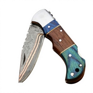Cuchillo Plegable de Caza Personalizado de Acero de Damasco con Hoja de Punta Caída, Mango de Madera con Incrustaciones Azules y Grosor de Hoja de 0.6mm - Product Image 2