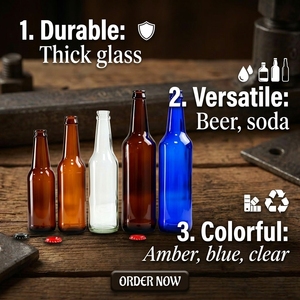 Botellas de Cerveza de Vidrio Cilíndricas Transparentes en Color Ámbar, Azul y Verde, de 330ml/500ml/640ml/1L, con Tapa Corona, Selladas, Vacías, para Uso Industrial, para Cerveza y Refrescos - Product Image 3