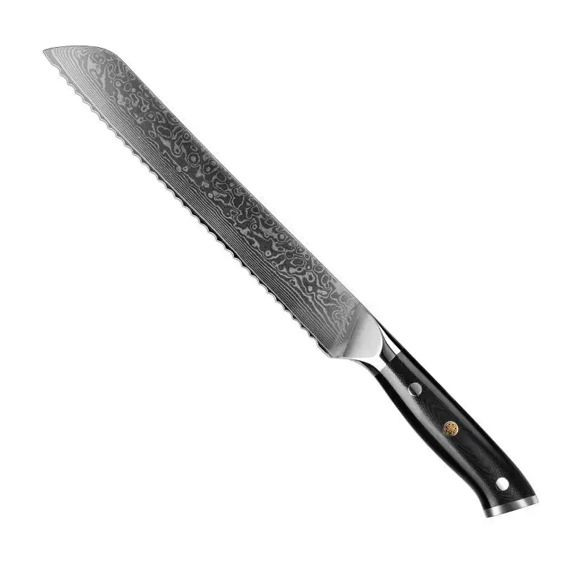 Hoge Kwaliteit Handgemaakte Damascus Staal 8 Inch G10 Handvat Snijden Keuken Kookmes Gekarteld Toast Cake Mes