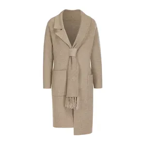 Knitwear manufacturer custom ladies temperament trench coats turn-down collar wool long women's coat