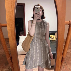 French Striped Sleeveless Vest Dress For Women Summer Irregular Design Tie Neck Natural Waist Daily Casual Short Skirt - Product Image 1