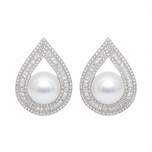 E4186 Orecchini pendenti in oro bianco con perle imitate, taglio baguette, montatura a pavé, a forma di goccia d'acqua, gioielli da sposa da donna - Product Image 1