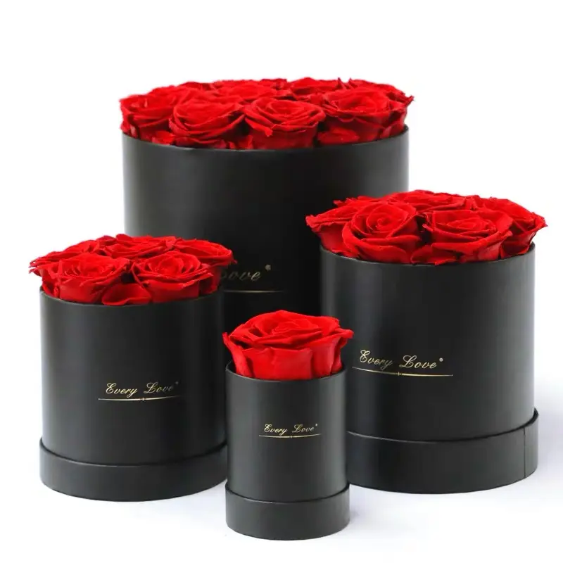 Papier d'emballage de rose de luxe romantique avec logo personnalisé Carton rigide cylindrique avec boîte à fleurs cadeau