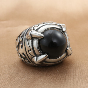 European American Style <b>Titanium</b> Steel Dragon Claw Stone <b>Ring</b> Silver Black Stone Retro Punk Men's Jewelry Party Wear - Product Image 1