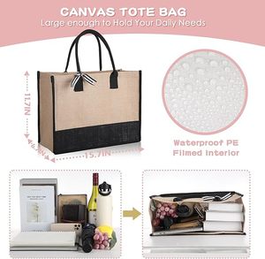 2024 venta al por mayor bolso de mano de yute de lino personalizado para <span class=keywords><strong>mujer</strong></span> bolso de playa reutilizable impermeable de moda patrón de letras gran oferta - Product Image 3