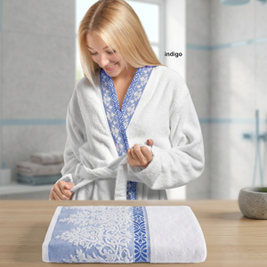Peignoir en coton tissé à col contrastant et serviette assortie - Multicolore pour usage domestique MS - Product Image 3