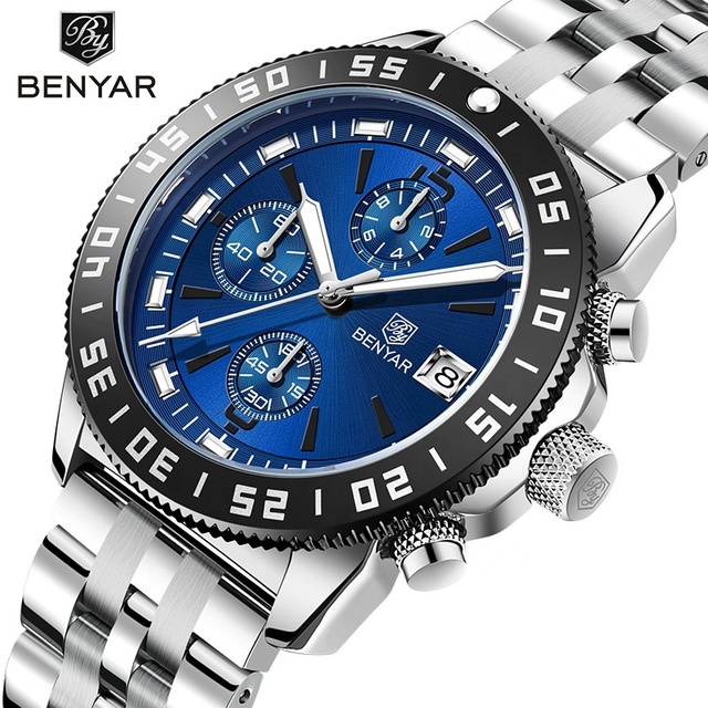 BENYAR 5198 Chronograph Quartz Benyar Watches Men Stainless Steel Band Waterproof Wristwatch Reloj Hombre